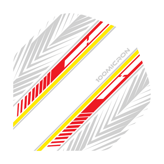 Vuelos de pentatlón blanco/rojo/amarillo Das Bild zeigt ein Dartflight in Weiß mit roten und gelben Streifen sowie grauen Mustern. Auf dem Flight steht der Text "100 MICRON".