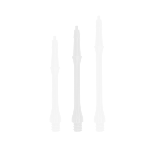 HRC-12596-W_Harrows_Clic_Slim_Shafts_White_30mm_1uZtrih9Jo4QUh Das Bild zeigt drei weiße Harrows Clic Slim Shafts in unterschiedlichen Längen. Sie sind für den Einsatz bei Darts geeignet.