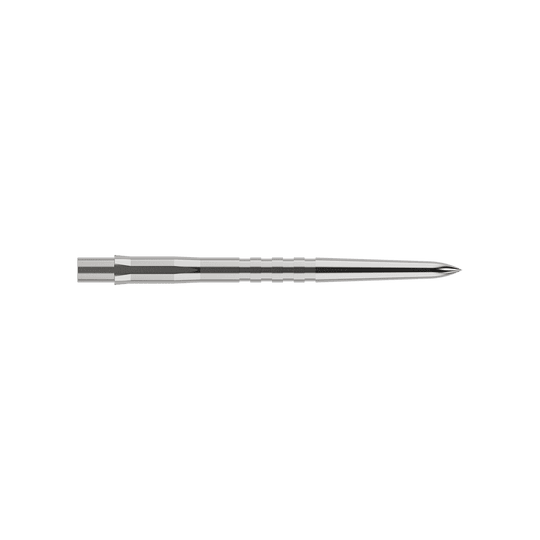 Puntas de dardos Mission Caliburn EVO - Ranuradas - Plateadas Auf dem Bild ist eine silberne, gerillte Steeldartspitze zu sehen. Sie ist schmal, lang und misst 32 mm in der Länge.