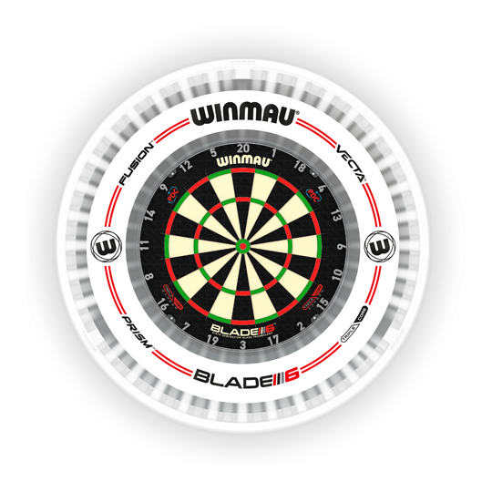 Luz LED para diana Winmau Plasma Ice Das Bild zeigt das Produkt "Winmau Plasma Ice LED Dartboard Light" um ein Dartboard. Es sorgt für eine helle und gleichmäßige Ausleuchtung der Dartscheibe.