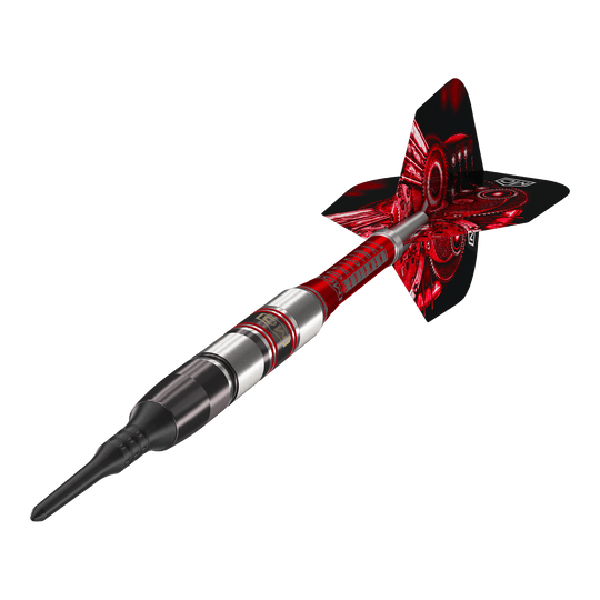 Dardos blandos DW Piranha Razor 02 Das Bild zeigt den DW Piranha Razor 02 Softdart. Der Dart hat ein modernes Design mit roten und silbernen Akzenten.
