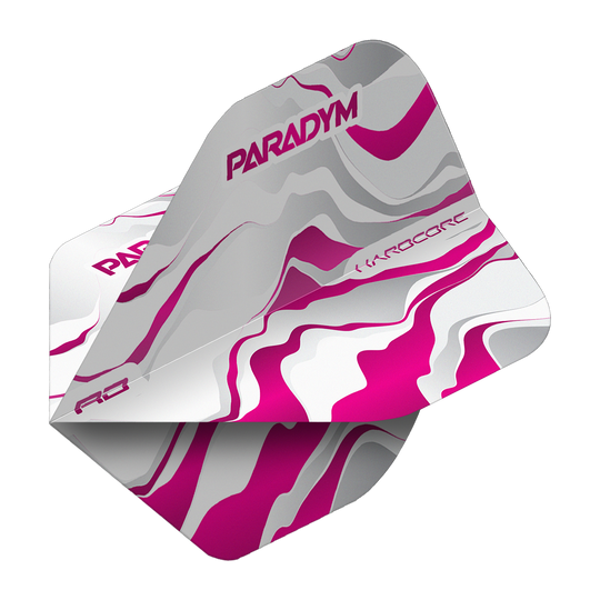 Red Dragon Hardcore Premium Paradym Pink Premium No2 Vuelos estándar Das Bild zeigt die Red Dragon Hardcore Premium Paradym Pink Premium No2 Standard Flights. Es handelt sich um Dartflights in einer auffälligen pinken Farbe.