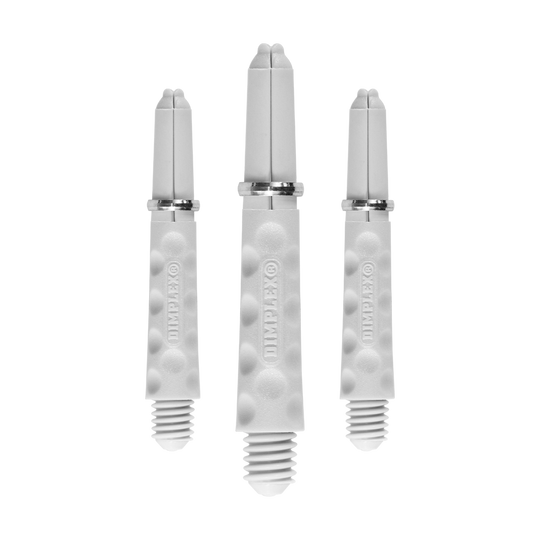 HR323_Harrows_Dimplex_Shafts_Weiss_34mm_1fjQ8vyep6F2cR Das Bild zeigt drei weiße Dartschäfte mit einer strukturierten Oberfläche. Auf jedem Schaft steht das Wort "DIMPLEX" eingeprägt.