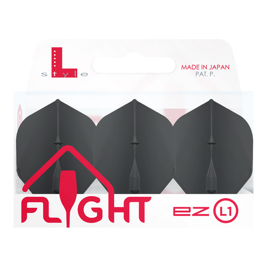 Vuelos estándar L-Style Champagne L1EZ Die Abbildung zeigt eine Packung mit L-Style Champagne L1EZ Standard Flights. In der Verpackung befinden sich drei schwarze Dartflights.