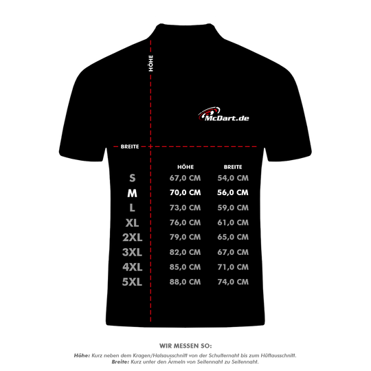 Das Bild zeigt eine Größentabelle für das Produkt "Harrows Paragon Dartshirt - Rot". Es werden die Maße Höhe und Breite für die Größen S bis 5XL in Zentimetern angegeben.