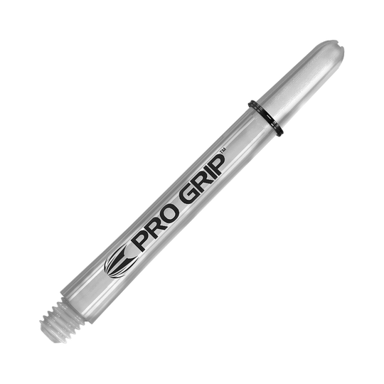 Das Bild zeigt einen transparenten "Pro Grip" Schafts für Darts. Der Schaft ist 48 mm lang und hat ein einfaches, klares Design.