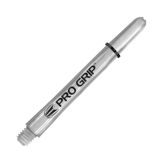 Varillas Target Pro Grip - 3 juegos - Transparentes Das Bild zeigt einen transparenten "Pro Grip" Schafts für Darts. Der Schaft ist 48 mm lang und hat ein einfaches, klares Design.