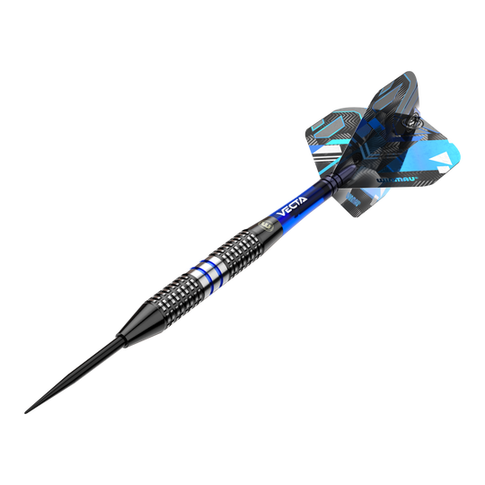 Dardos de acero Winmau Galactics Das Bild zeigt einen Winmau Galactics Steeldart mit einem modernen Design. Der Dart hat blaue und silberne Akzente sowie ein auffälliges Flight-Muster.