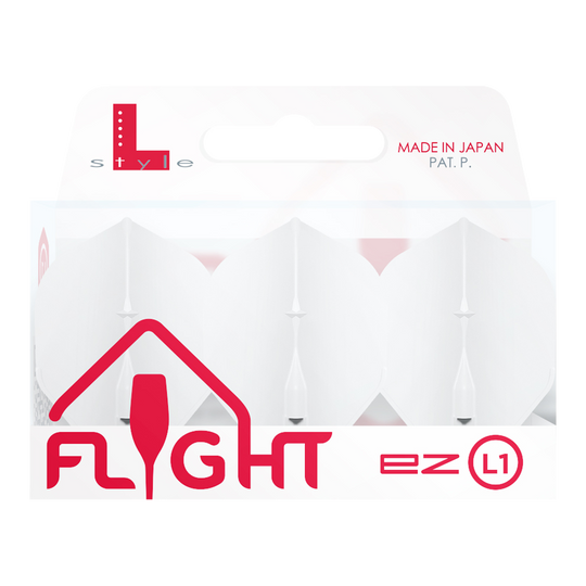 Vuelos estándar L-Style Champagne L1EZ Die Abbildung zeigt eine Packung der "L-Style Champagne L1EZ Standard Flights". Die Flights sind weiß und werden in Japan hergestellt.