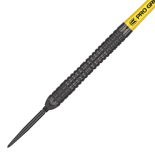 Dardos de acero Target Bolide Void 04 Swiss Point Das Bild zeigt einen Target Bolide Void 04 Swiss Point Steeldart. Der Dart hat ein schwarzes, geriffeltes Barrel und einen gelben Schaft mit der Aufschrift "PRO GRIP".