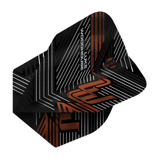 Vuelos de la serie 2 de Luke Woodhouse de Harrow Das Bild zeigt die Harrows Luke Woodhouse Series 2 Flights. Die Flights sind schwarz mit weißen und orangefarbenen Linien sowie dem Namen "Luke Woodhouse" darauf.