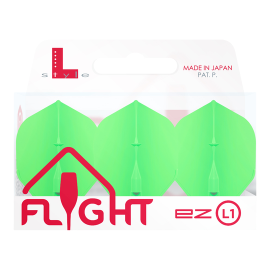 Vuelos estándar L-Style Champagne L1EZ Das Bild zeigt eine Packung der "L-Style Champagne L1EZ Standard Flights" in grün. Die Verpackung ist weiß und hebt hervor, dass das Produkt in Japan hergestellt wurde.