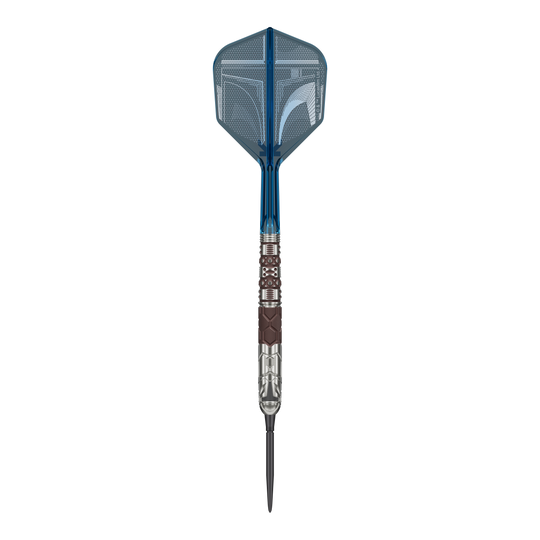 Dieses Bild zeigt die Target Star Wars Mandalorian 95 Swiss Point Steeldarts. Die Darts verfügen über eine besondere Optik passend zur Mandalorian-Reihe.
