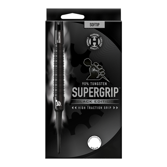 Dardos blandos Harrows Supergrip Black Edition Das Bild zeigt die Verpackung der "Harrows Supergrip Black-Edition Softdarts". Die Darts bestehen zu 90 % aus Tungsten und haben eine hohe Griffigkeit.