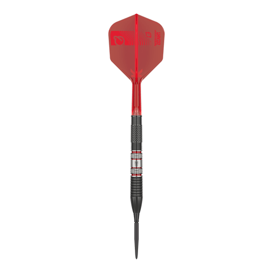 Dardos de acero Target Gabriel Clemens 95K Swiss Point Das Bild zeigt einen Target Gabriel Clemens 95K Swiss Point Steeldart. Der Dart hat eine schwarze Spitze, einen schwarz-silbernen Schaft und auffällige rote Flights.