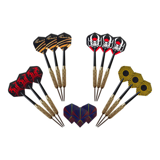 Dardos de acero McDart Golden Star - 12 dardos / 18 gramos McDart Golden Star Steeldarts - 12 Darts mit 18 Gramm sind auf diesem Bild zu sehen. Das Bild zeigt eine Auswahl von zwölf goldfarbenen Steeldarts.