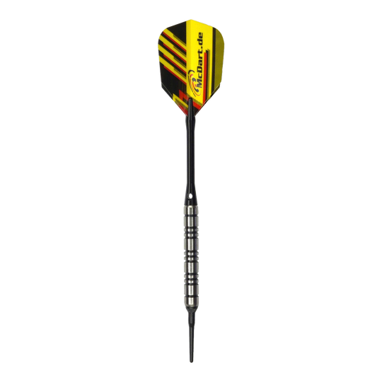 Dardos blandos McDart 85 Tungsten V2 - 17 g Das Bild zeigt einen McDart 85er Tungsten V2 Softdart mit einem Gewicht von 17 Gramm. Er hat einen silbernen Barrel und ein gelb-schwarzes Flight mit McDart.de-Aufdruck.