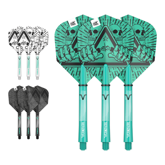 Kit de eje de vuelo Target Ink de Rob Cross Das Bild zeigt drei Sätze von Dartflights und -schäften in unterschiedlichen Farben und Designs. Die größten Flights haben ein auffälliges grünes Motiv mit einem Totenkopf und einer Hand.
