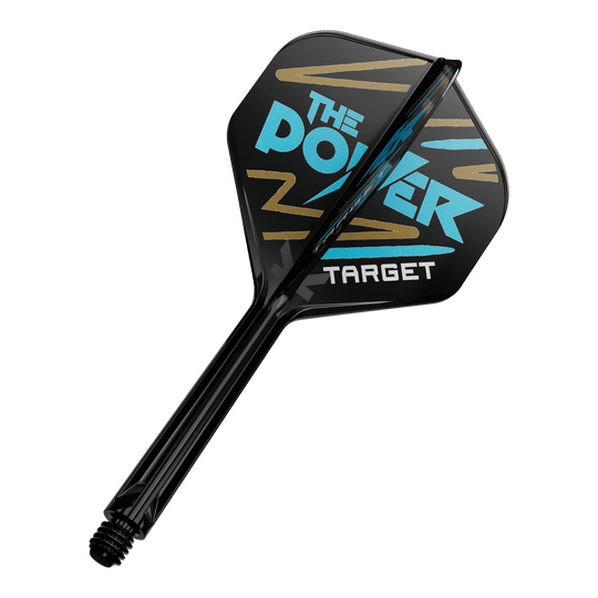 Sistema de varilla de vuelo estándar Target K-Flex Phil Taylor No.2 Auf dem Bild ist ein Dartpfeil mit schwarzer Flight zu sehen. Auf der Flight steht in blauer und weißer Schrift "The Power" und "Target" mit goldenen Zierstreifen.