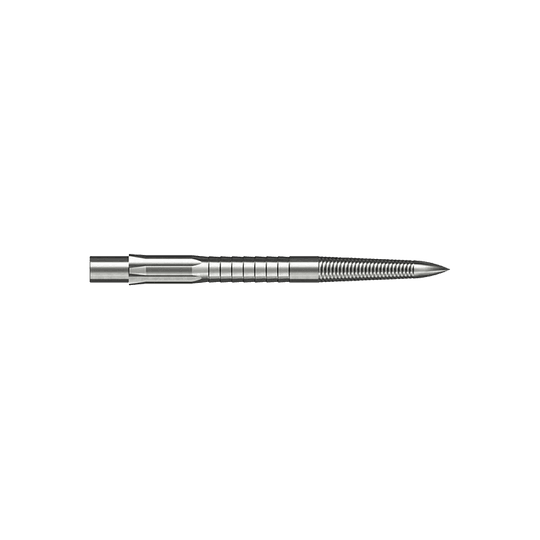 Das Bild zeigt eine silberne Steeldartspitze mit feinem Mikrorillen-Grip. Die Spitze ist gerade und hat eine Länge von 28 mm.