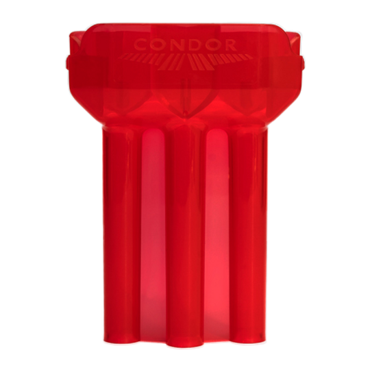 Estuche para dardos Condor DUAL Das Bild zeigt ein rotes, durchsichtiges Dart-Etui der Marke Condor. Das Etui hat drei längliche Fächer für Dartpfeile.