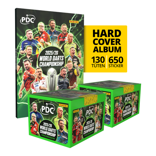 Panini PDC Campeonato Mundial de Dardos 2025/26 - Mega Pack de tapa dura con dos cajas de cromos Abgebildet ist das Panini PDC World Darts Championship 2025/26 Hardcover Mega Bundle mit zwei Stickerboxen. Das Produkt eignet sich für Dart-Fans zum Sammeln und Tauschen.