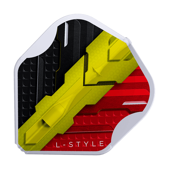Vuelos L-Style V-Series V1 Tipo C Bélgica Blanco transparente L1EZ Dies ist ein Dartflight mit den Farben Schwarz, Gelb und Rot im Design der belgischen Flagge. Am unteren Rand steht in Weiß der Schriftzug "L-STYLE".
