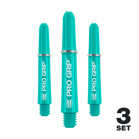 Varillas Target Pro Grip - 3 juegos - Aqua Auf dem Bild sind drei aqua-blaue Pro Grip Shafts für Darts zu sehen. In der rechten unteren Ecke steht "3 SET".