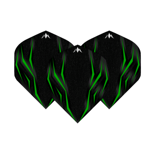 Misión Lava Verde N°2 Vuelos Estándar Das Bild zeigt die Mission Lava Green No2 Standard Flights. Die Flights sind schwarz mit grünen, leuchtenden Linien und einem kleinen weißen Logo oben.