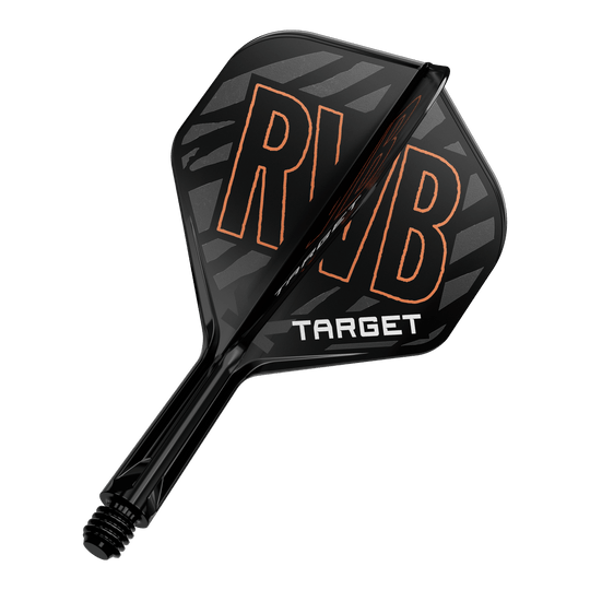 Target K-Flex Raymond Van Barneveld No2 Sistema de eje de vuelo estándar Das Bild zeigt einen schwarzen Dartflight mit der Aufschrift "RVB" in orange. Darunter steht das Wort "TARGET" in weißen Buchstaben.
