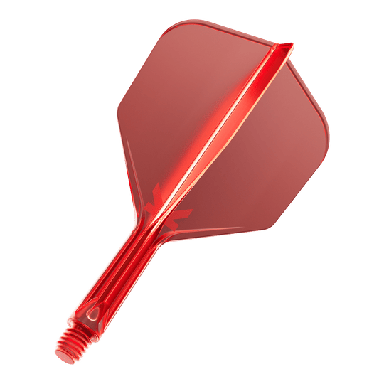 Sistema de vuelo Target K-Flex No6 - Rojo Das Bild zeigt einen roten Dartflug mit integriertem Schaft. Der Dartflug hat eine glänzende Oberfläche und ist aus Kunststoff gefertigt.