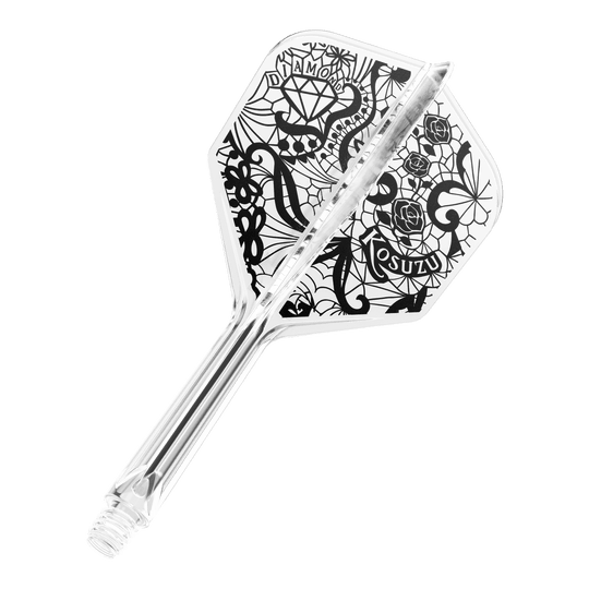 Sistema de eje de vuelo Target Japan K-Flex Diamond No6 Dies ist ein transparenter Dartpfeil mit schwarzem, detailreichem Design auf der Flight-Fläche. Auf dem Flight sind unter anderem ein Diamant, Rosen und Schriftzüge zu sehen.