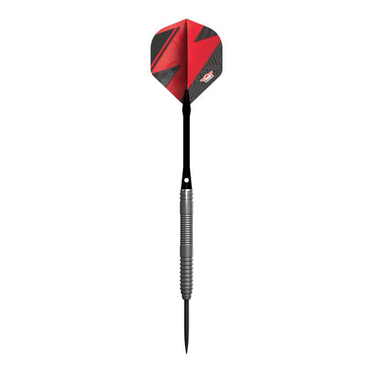 Dardos de acero Bulls NL Lightning Red Das Bild zeigt einen Steeldart-Pfeil mit einem silbernen Griff und einer roten Flights. Der Pfeil trägt das Design und Logo der Marke Bulls NL Lightning Red.