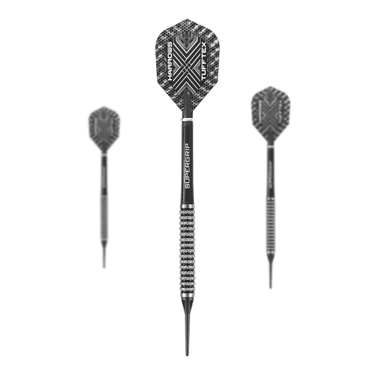 Dardos blandos Harrows Nemesis Das Bild zeigt drei Harrows Nemesis Softdarts mit schwarzem und silbernem Design. Die Darts haben strukturierte Griffe und auffällige Flights mit dem Schriftzug "Harrows TUFFTEX".