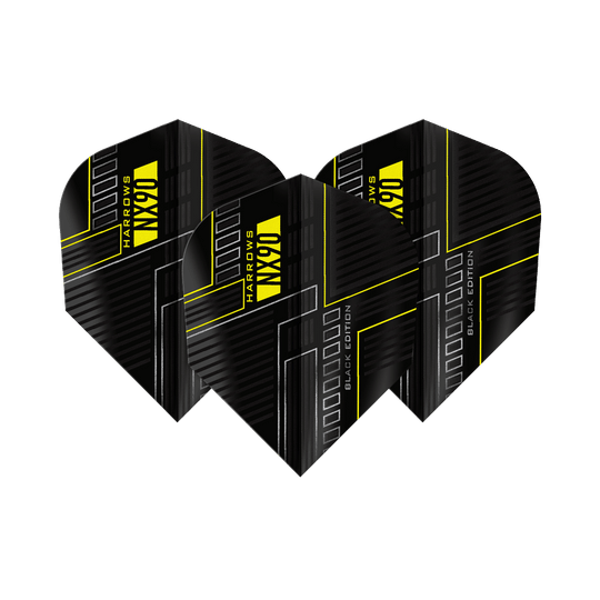 Vuelos Harrows NX90 Black Edition No6 Das Bild zeigt drei schwarze Dart-Flights mit dem Namen "Harrows NX90 Black-Edition No6". Die Flights haben ein modernes Design mit gelben Linien und Schriftzügen.