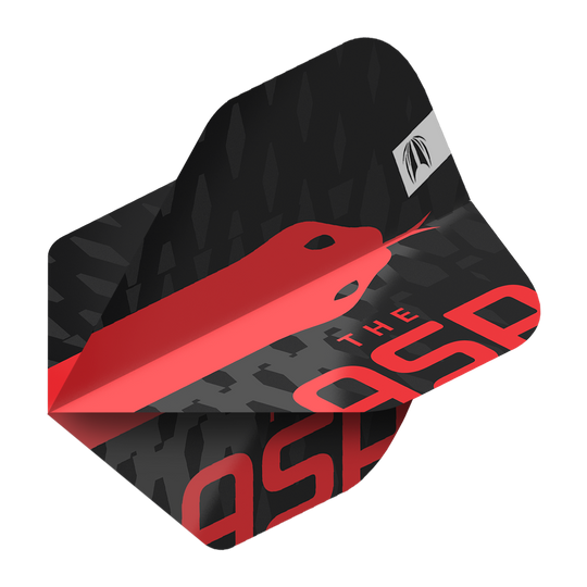 Plumas estándar Target Pro Ultra Nathan Aspinall No2 - 3 juegos Das Bild zeigt ein Dart-Flight mit einem schwarzen und roten Design sowie der Aufschrift „THE ASP“. Auf dem Flight ist eine stilisierte rote Schlange abgebildet.