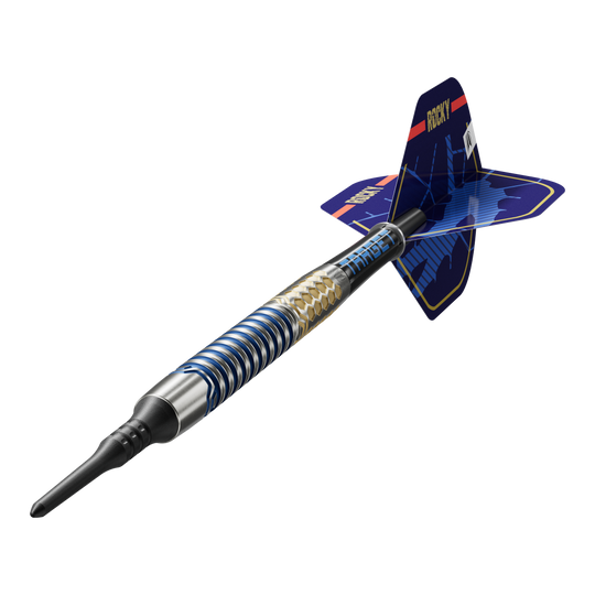 Dardos blandos Target Josh Rock GEN1 - 20 g Das Bild zeigt einen Target Josh Rock GEN1 Softdart mit einem Gewicht von 20g. Der Dart hat ein modernes, blau-silbernes Design mit auffälligen Flügeln.