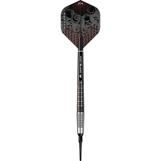 Dardos blandos Mission Makara M2 - 20 g Das Bild zeigt einen Mission Makara M2 Softdart mit einem Gewicht von 20g. Der Dart hat ein auffälliges Flight-Design in Schwarz und Rot sowie eine geriffelte silber-schwarze Griffzone.