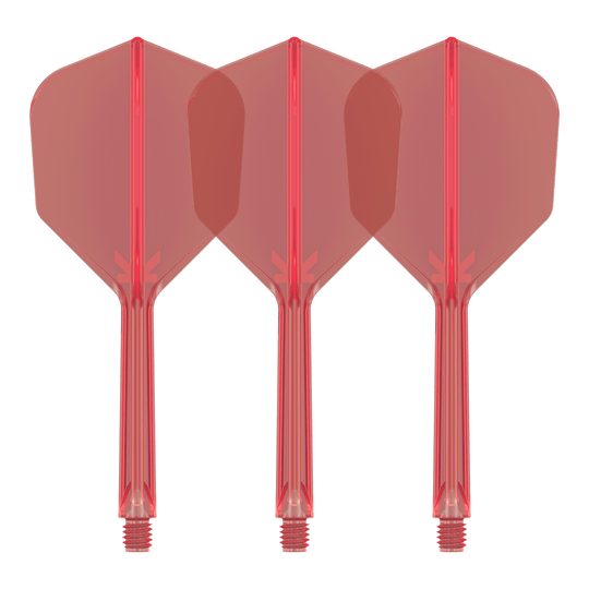 Sistema de vuelo Target K-Flex No6 - Rojo Auf dem Bild sind drei rote Dart-Flights mit integrierten Schäften zu sehen. Sie stehen nebeneinander und sind identisch gestaltet.