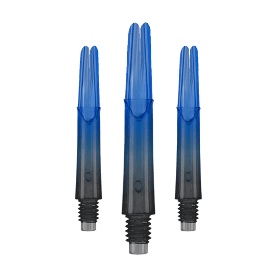 Varilla L-L-Style-Shaft Locked Straight Natural9 de dos tonos - Azul Das Bild zeigt drei gerade Dartschäfte mit einem Farbverlauf von Schwarz zu Blau. Sie haben Gewinde am unteren Ende und sind ohne Kappen abgebildet.