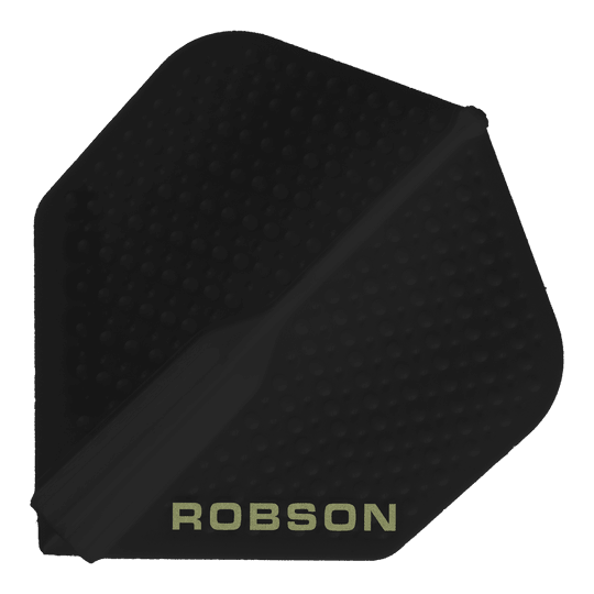 Vuelos Robson Plus Dimple - Negro Dieses Bild zeigt ein schwarzes Dart-Flight mit dem Namen "Robson Plus Dimple Flights - Schwarz". Auf dem Flight steht am unteren Rand das Wort "ROBSON" in hellen Buchstaben.