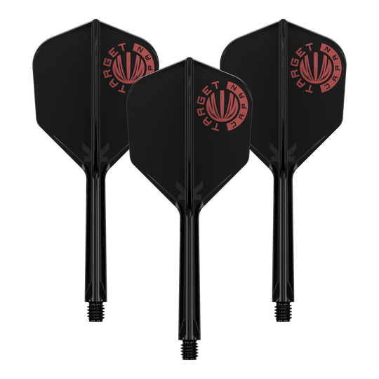 Target Japan K-Flex Logotipo original Rojo Negro No6 Sistema de eje de vuelo Auf dem Bild sind drei schwarze Dartflights mit integriertem Schaft zu sehen. Oben links auf jedem Flight befindet sich ein rotes Logo mit der Aufschrift "TARGET JAPAN".
