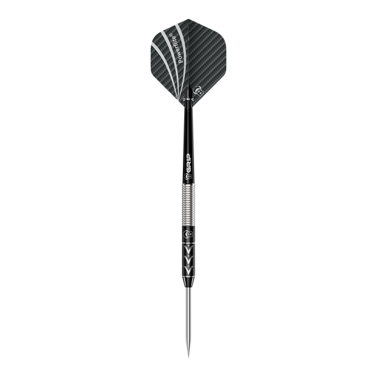 Das Bild zeigt einen Steeldart namens "Bulls Challenger Arno Merk Steeldarts - 22g". Der Dartpfeil ist schwarz-silber und hat ein modernes Design mit strukturiertem Schaft und schwarzer Flight.