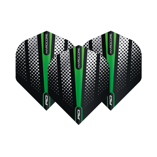 TF6508_Red_Dragon_Hardcore_Radical_Green_Flash_Standard_Flights_1ua77D4ZVYFlUD Das Bild zeigt drei Dart-Flights der Marke "Red Dragon Hardcore Radical Green Flash Standard Flights". Die Flights sind schwarz mit grünen und weißen Designelementen und haben einen modernen, auffälligen Look.