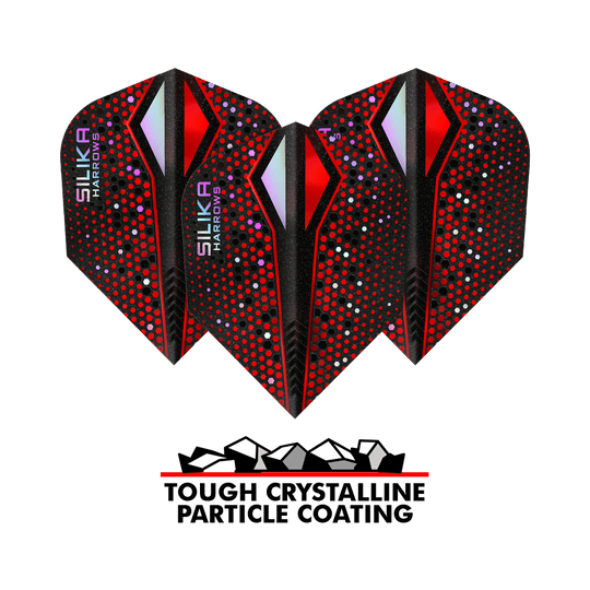 Plumas Harrows Silika Colourshift Tough Crystalline Coating Red-X No6 Das Bild zeigt drei Dart-Flights der Marke Harrows Silika Colourshift in Rot und Schwarz mit bunten Punkten. Unter den Flights steht der Text „Tough Crystalline Particle Coating“ mit einer Grafik von kleinen Kristallen.