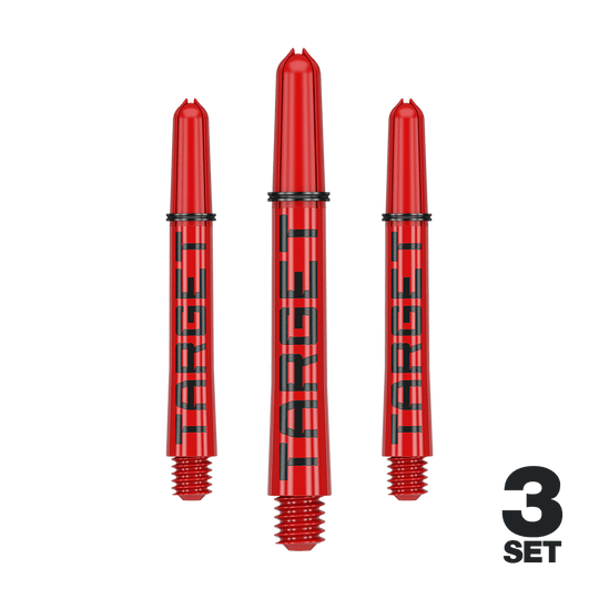 Varillas Target Pro Grip TAG - 3 juegos - Rojo Das Bild zeigt drei rote Dartschäfte mit der Aufschrift "TARGET". Unten rechts steht "3 SET", was auf ein Set mit drei Stück hinweist.