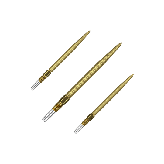 Puntas para dardos Target Swiss Point Nano - Oro Auf dem Bild sind drei goldfarbene Dartspitzen zu sehen. Sie haben eine feine Riffelung und ein silbernes Schraubgewinde am Ende.