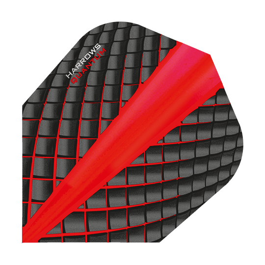 HR6804_Harrows_Quantum_Rot_No6_Flights_1 Das Bild zeigt ein Harrows Quantum Rot No6 Dartflight. Das Flight hat ein schwarzes, rautenförmiges Muster mit roten Akzenten und einer roten Diagonale.