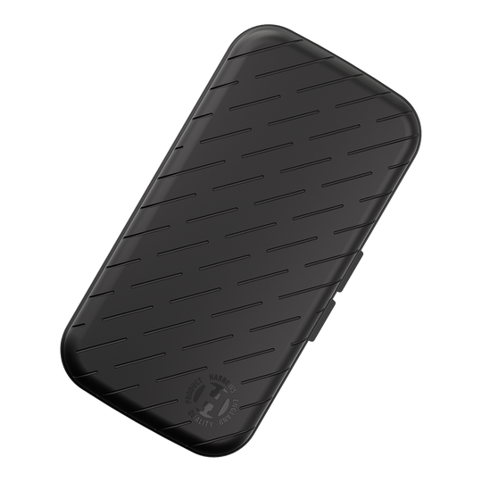 Estuche para dardos Harrows Slimcase Dies ist ein schlankes, schwarzes Etui mit schrägen Linien auf der Oberfläche. In der Ecke befindet sich ein rundes Harrows-Logo.