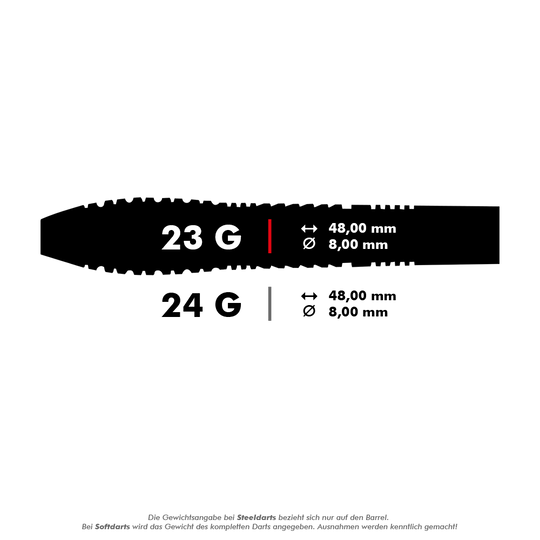 Dardos de acero Kestrel de Shot Birds Of Prey Das Bild zeigt die technischen Daten eines Steeldart-Barrels mit 23 Gramm Gewicht, 48 mm Länge und 8 mm Durchmesser. Darunter sind die Daten für ein 24-Gramm-Modell mit den gleichen Maßen aufgeführt.